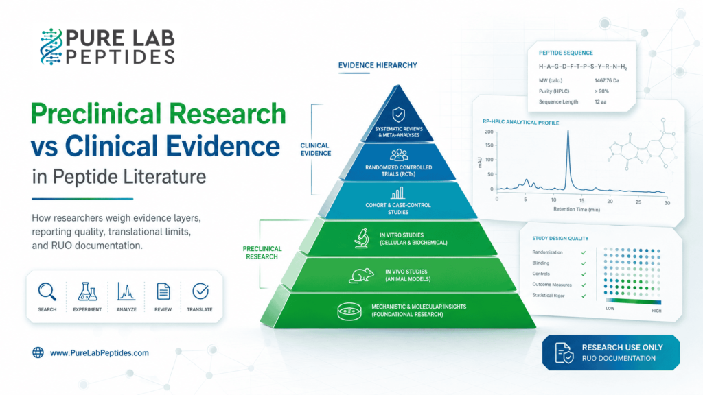 Preclinical research vs clinical evidence infographic with RUO documentation and peptide analysis panels